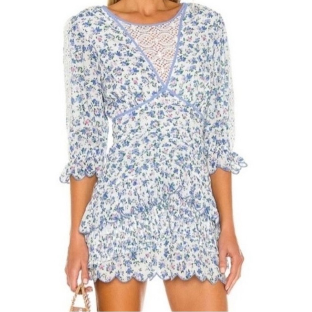 Floral Lace-Trim Mini Dress in Blue